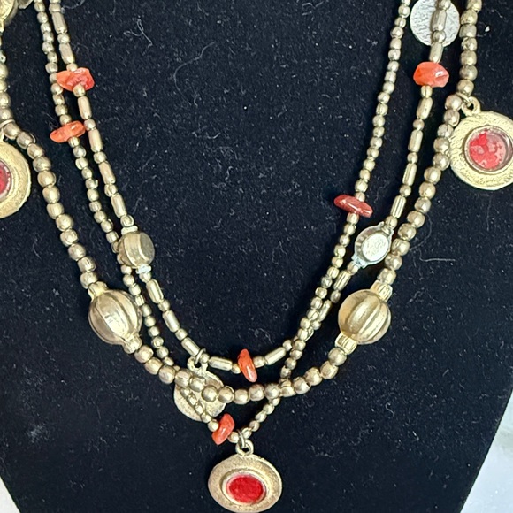 Vintage Multi-Strand Beaded Necklace Red Stone Charms Antique Gold SilverTone - Picture 3 of 6